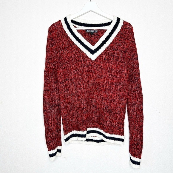 Say What? Red Cream and Black V-neck Varsity Sweater M - Picture 2 of 9